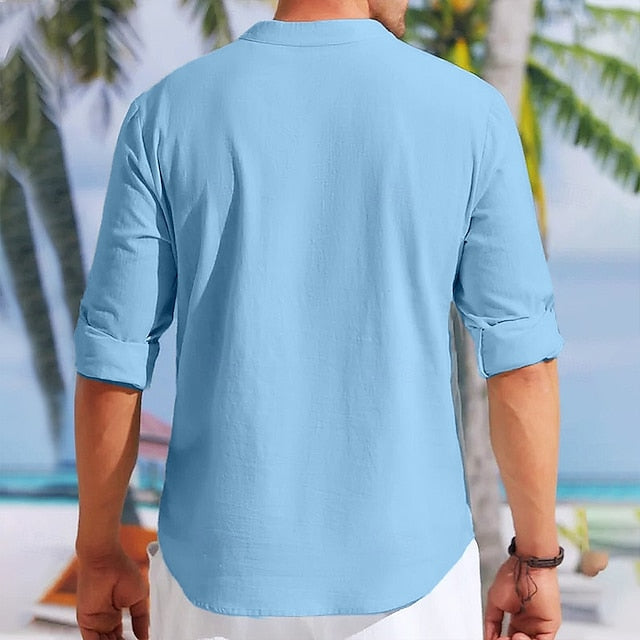 Linen Men's Band Shirt Summer Collar