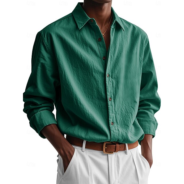 Green Up Button Men's White Shirt Light Casual