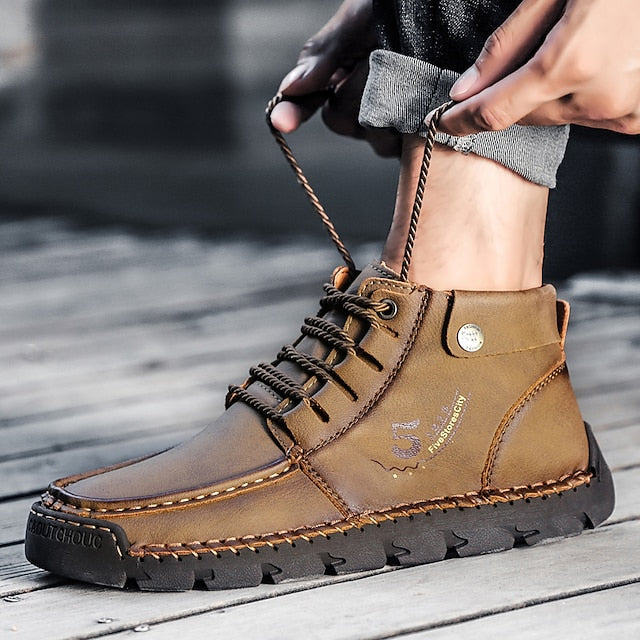 Casual Men's Lace-Up Leather Ankle Vintage Boots –