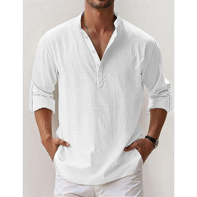 Band Linen Collar Popover Shirt Summer Men's