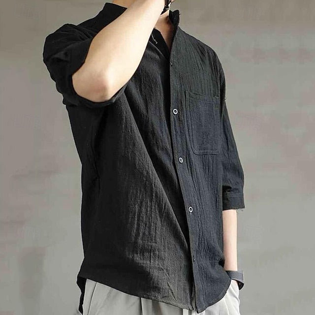 Linen Vacation Men's Shirt Green Cotton Plain Black White