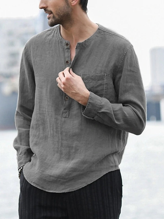 Shirt Linen Cotton Chinese White Men's Collar