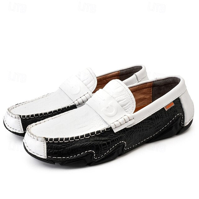 Leather Black with Loafers Faux Men's White Crocodile