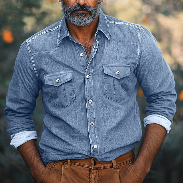Calico Button Casual Men's Shirt Chambray