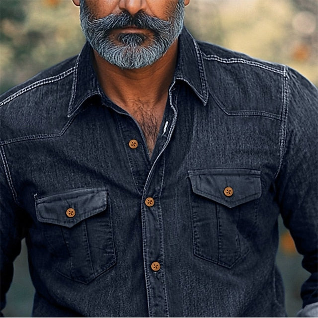 Casual Shirt Calico Chambray Button Men's