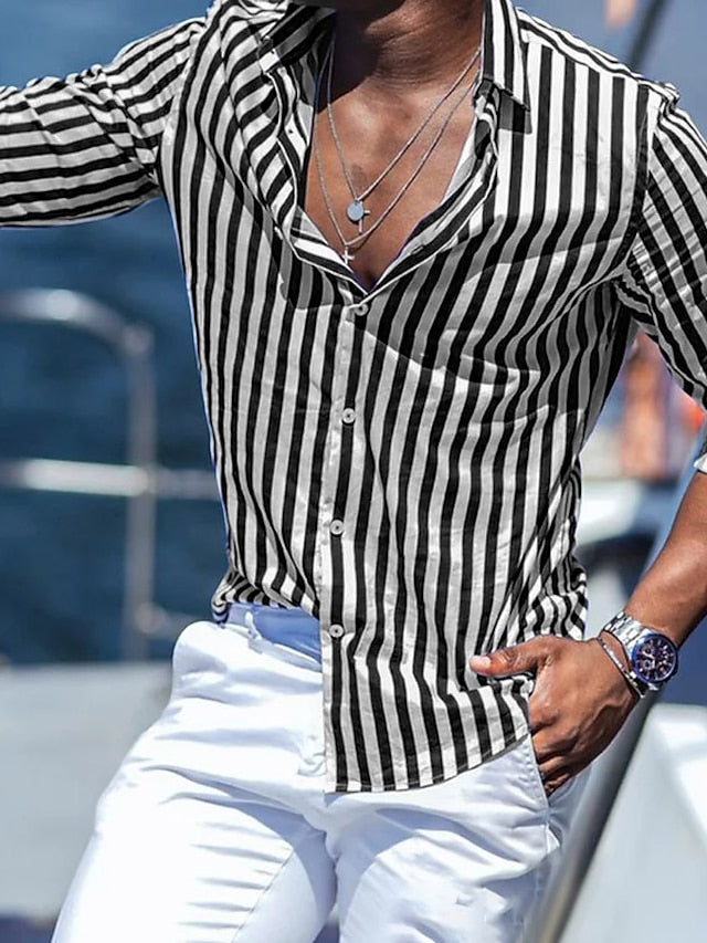Shirt Striped Hawaiian Beach Summer Men's