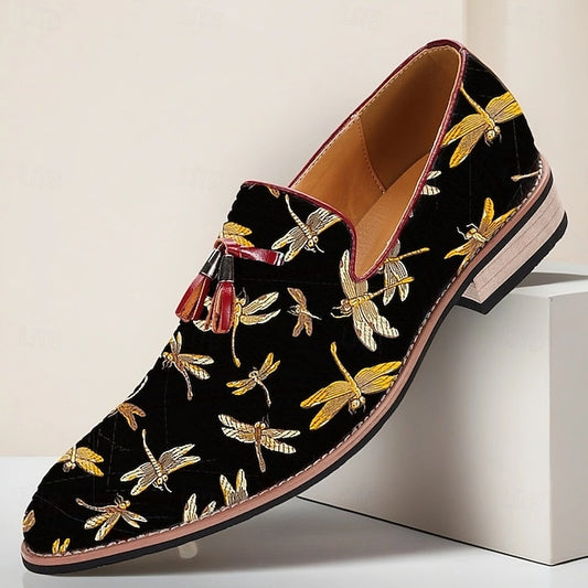Black Embroidery with Men's Jacquard Dragonfly Loafers