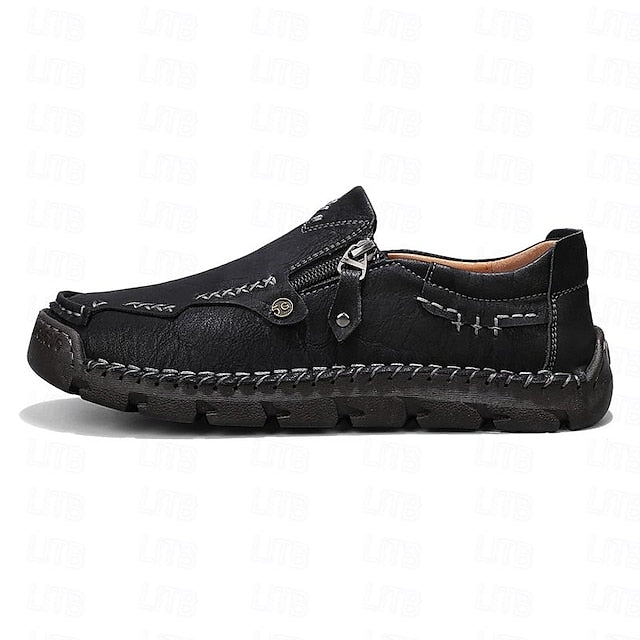 Faux Loafers Leather Brown Slip-On with Side Men's Zipper