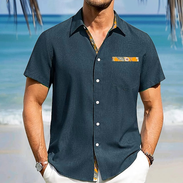Up Linen Sleeve Shirt Button Short Men's Summer