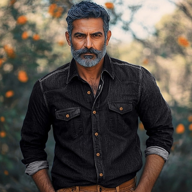 Casual Shirt Calico Chambray Button Men's