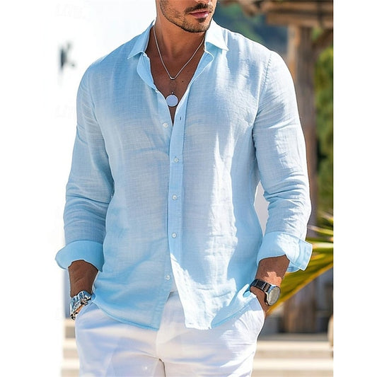 Summer Men's Shirt Up Button Linen Beach Wear