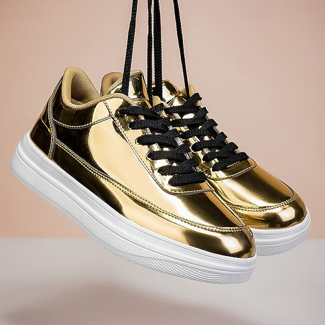 Stylish Gold Sneakers Low-Top – Men's Lace-Up Metallic