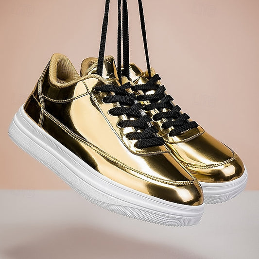 Stylish Gold Sneakers Low-Top – Men's Lace-Up Metallic