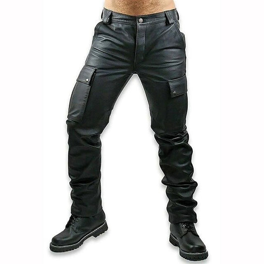 Leather Plain Casual Men's Pants Trousers Pocket Faux