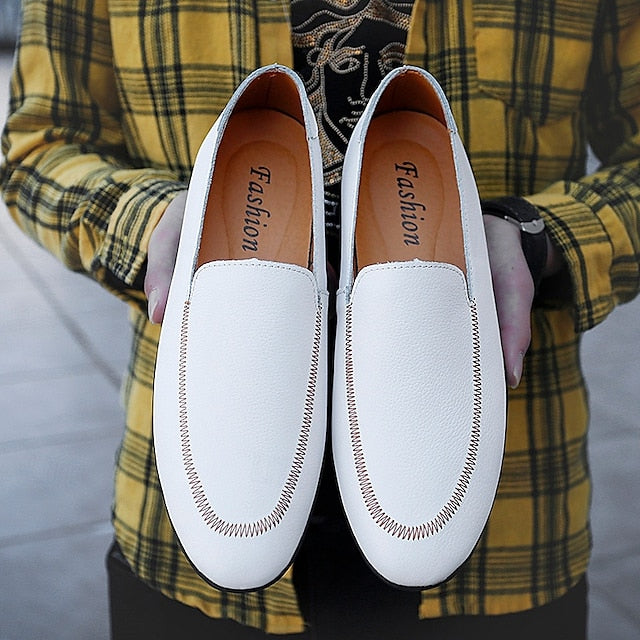 Loafers Shoes - Faux Prom Leather Men's with White Slip-On