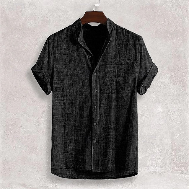 Plain Men's Band Casual Shirt Linen Collar