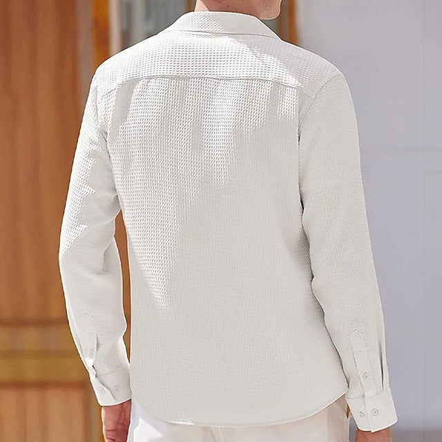 Casual Button Shirt Black Waffle Up Men's