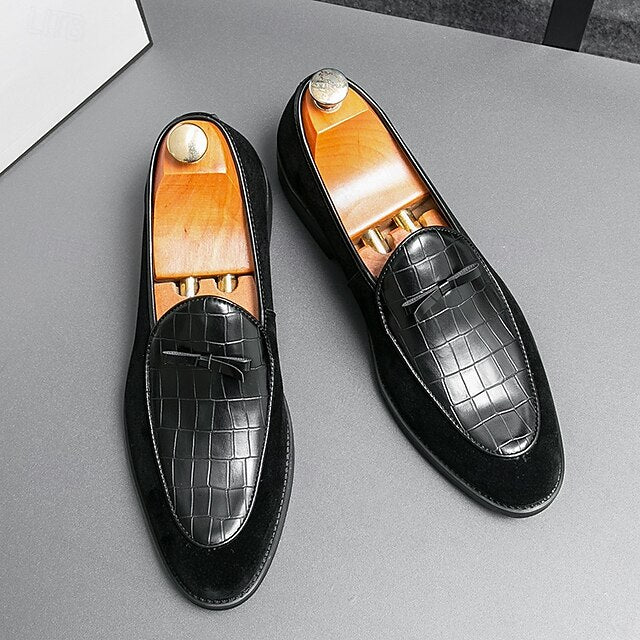 Brown Faux Men's Suede and Pattern Crocodile with Loafers