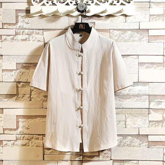Cotton Linen Collar White Shirt Chinese Men's