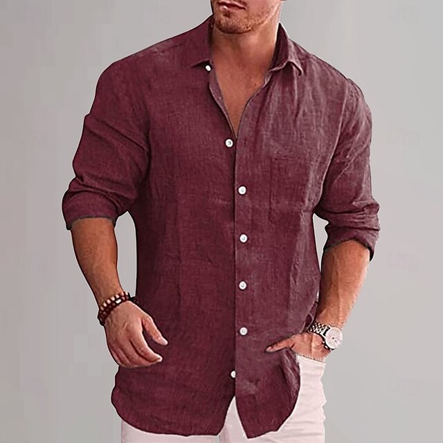 Wine Shirt Cotton Plain Men's Linen Black White Vacation