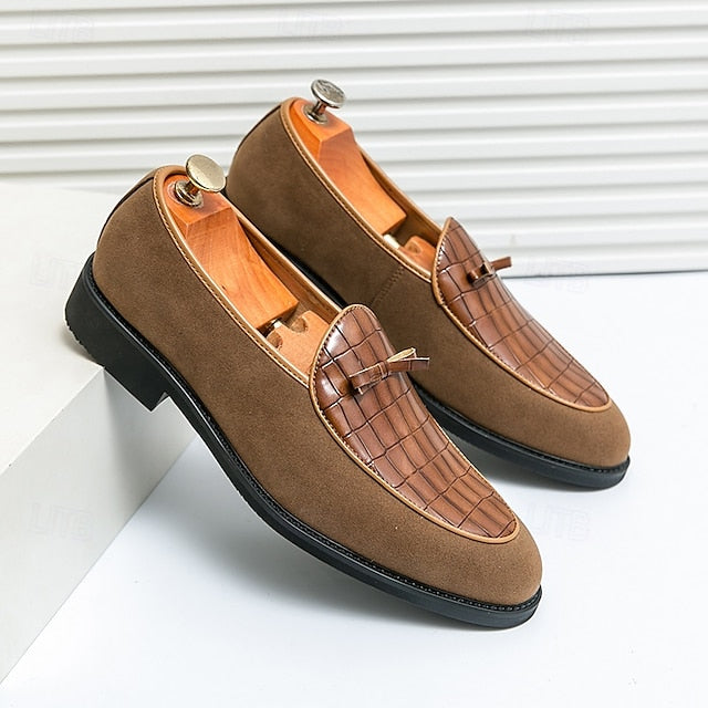 Brown Faux Men's Suede and Pattern Crocodile with Loafers