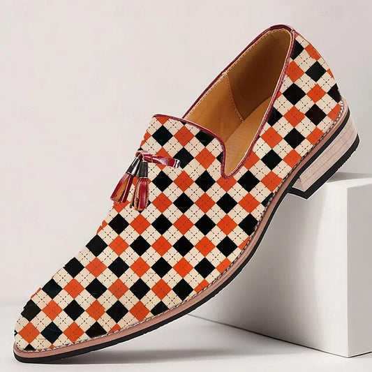 and Leather Men's Loafers White Checkered Orange Slip-On