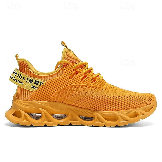 Elastic Sneakers Neon Yellow Knit Men's Sports with Upper