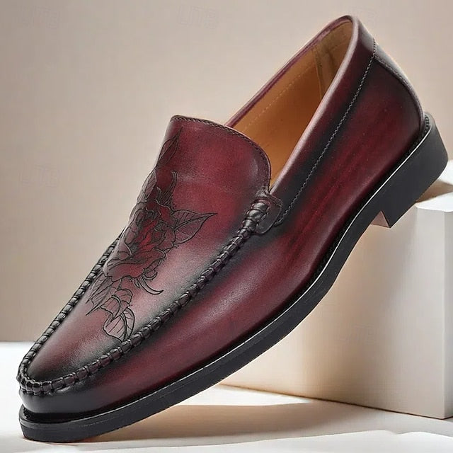 Burgundy Leather Loafers Men's with Stitching Decorative