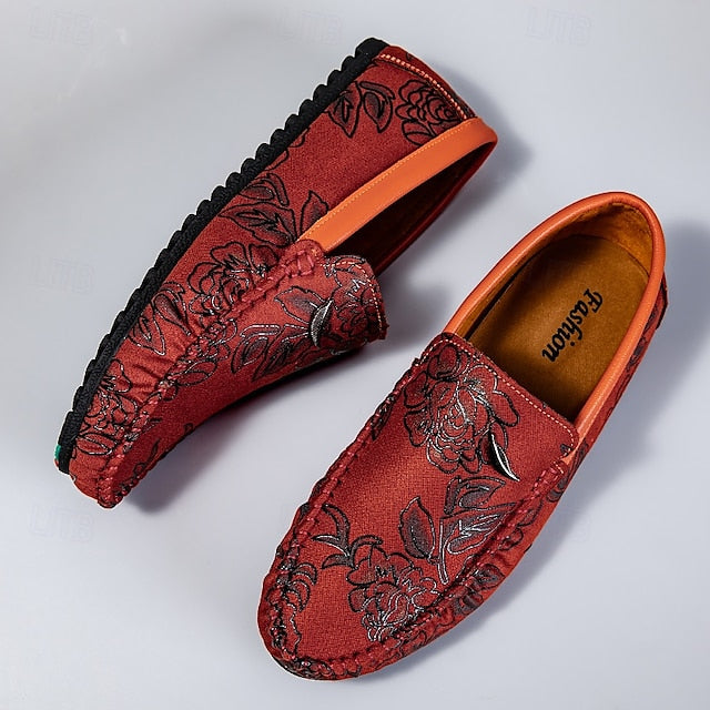 and Leather Men's Loafers White Checkered Orange Slip-On