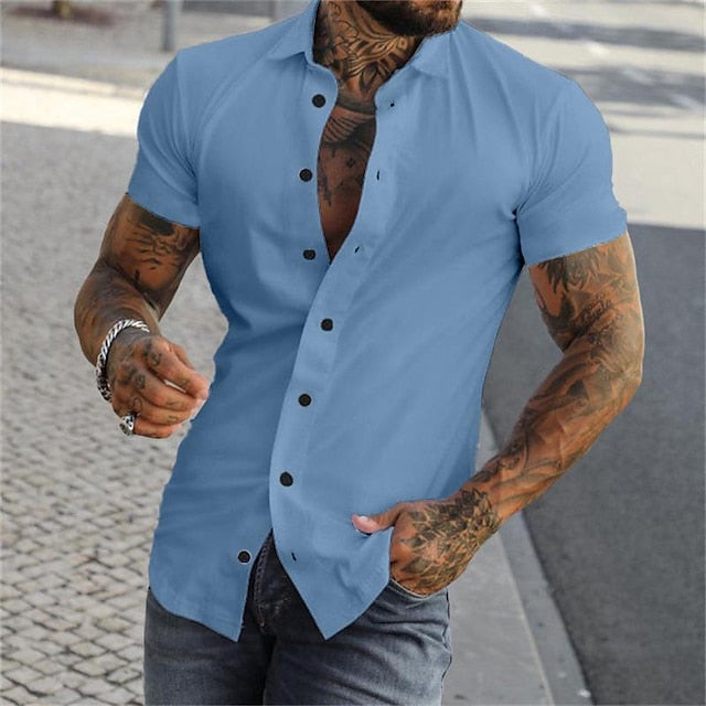 Summer Men's Shirt Black Button blue Up grey