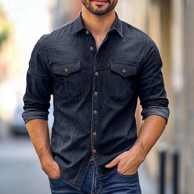 Casual Men's Button Calico Chambray Shirt