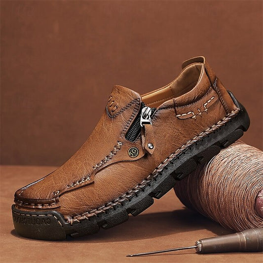 Faux Loafers Leather Brown Slip-On with Side Men's Zipper