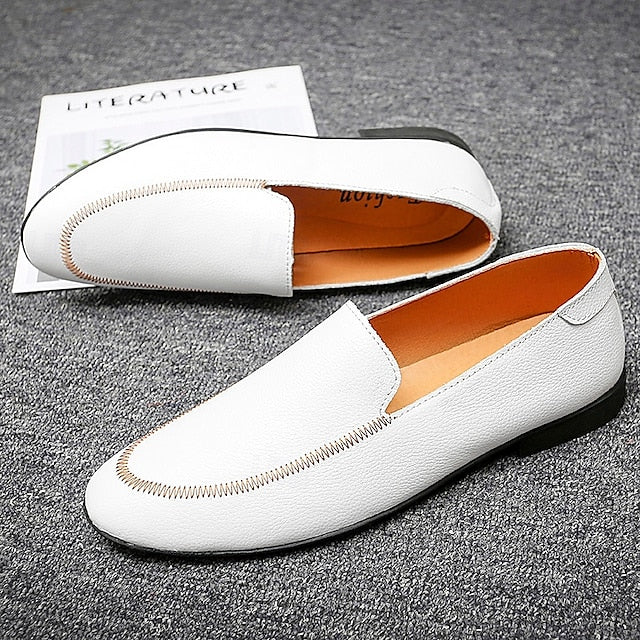 Loafers Shoes - Faux Prom Leather Men's with White Slip-On