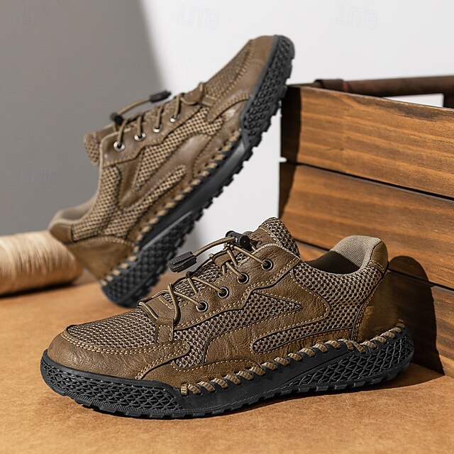 Men's Tan Breathable Mesh Lace-up with Design Sneakers