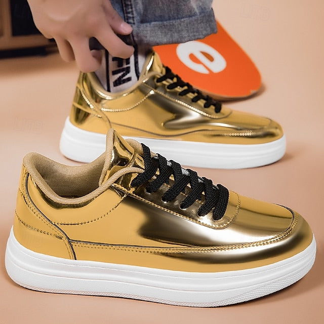 Stylish Gold Sneakers Low-Top – Men's Lace-Up Metallic