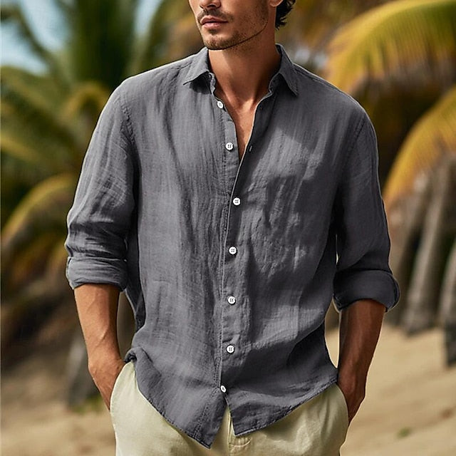 Linen Black Cotton White Pink Plain Vacation Shirt Men's