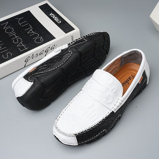 Leather Black with Loafers Faux Men's White Crocodile