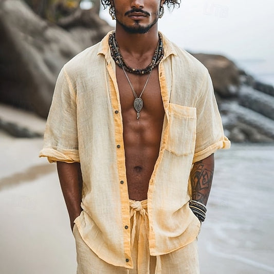 Button Shirt Casual Linen Men's Cotton Up
