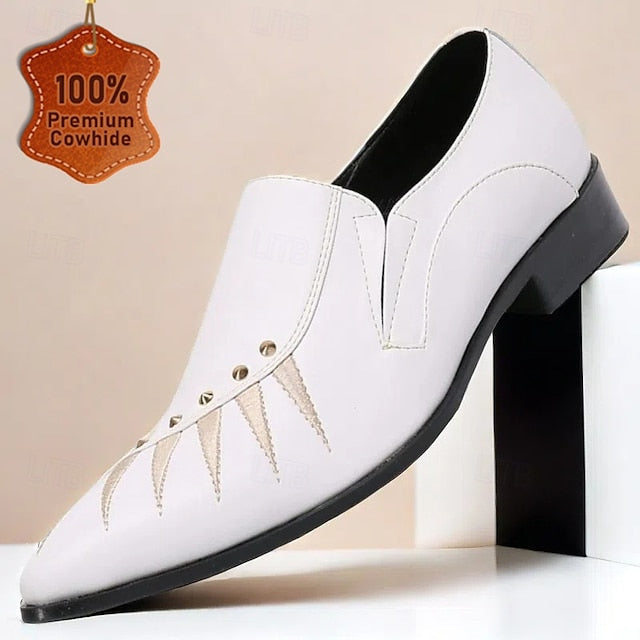Cowhide Men's Premium with Loafers Studded White Slip-On