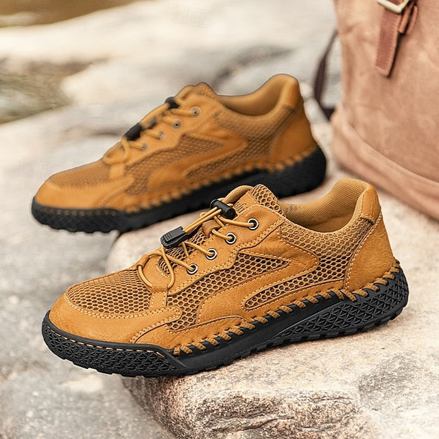 Men's Tan Breathable Mesh Lace-up with Design Sneakers
