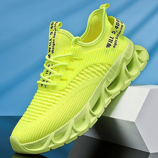 Elastic Sneakers Neon Yellow Knit Men's Sports with Upper