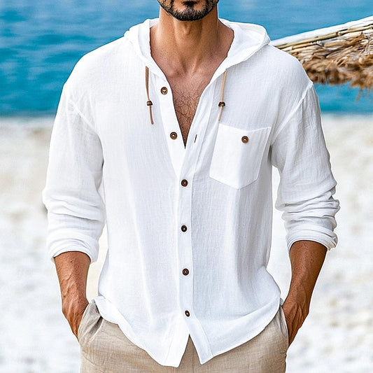 Button Up Wear Beach Hooded Men's Shirt Linen