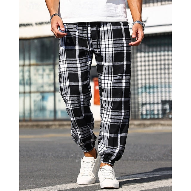 Elastic Casual Men's Plaid Pants Drawstring Waist Trousers