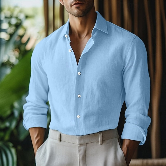 Summer Men's Linen Button Up Shirt Plain
