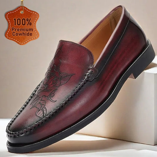 Burgundy Leather Loafers Men's with Stitching Decorative