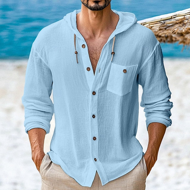 Button Up Wear Beach Hooded Men's Shirt Linen