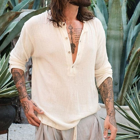 Shirt Men's Band Collar Linen Popover
