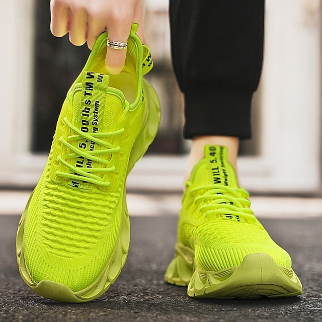 Elastic Sneakers Neon Yellow Knit Men's Sports with Upper