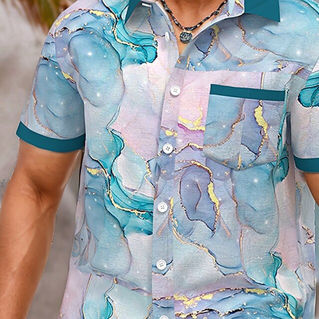 Marble Summer Shirt Linen Abstract Art Button Men's
