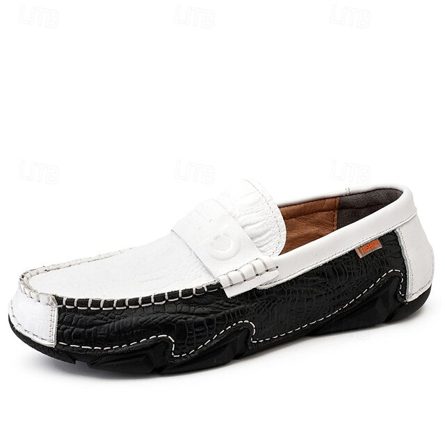 Leather Black with Loafers Faux Men's White Crocodile